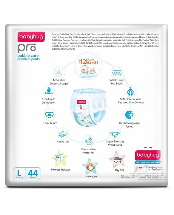 Babyhug Pro Bubble Care Premium Pant Style Diaper Large (L) Size - 44 Pieces