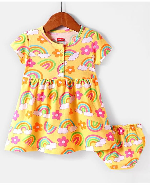 Babyhug Single Jersey Knit Half Sleeves Floral Printed Frock with Bloomer - Yellow