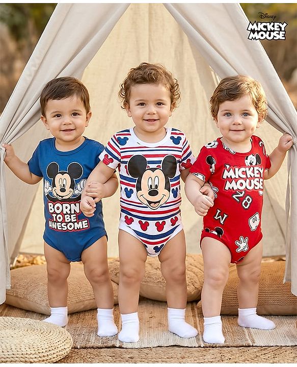 Babyhug Disney Interlock Knit Half Sleeves Onesies with Mickey Mouse Graphics & Stripes Pack of 3 - White Red & Navy Blue