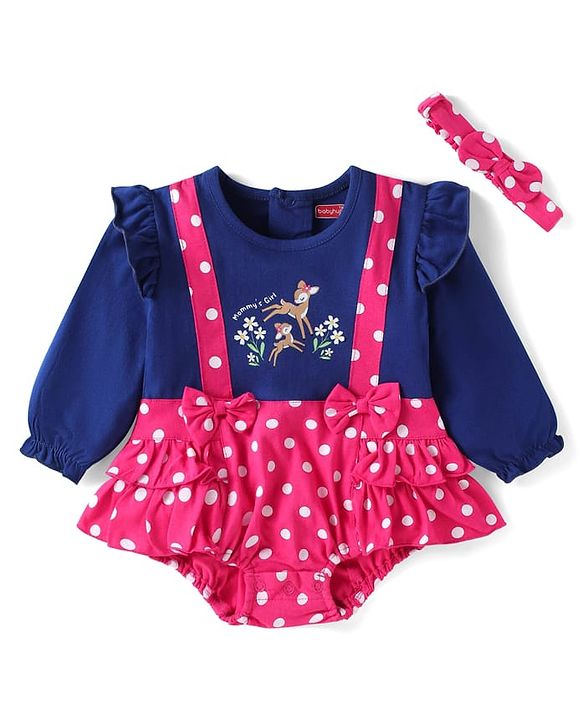 Babyhug Interlock Knit Full Sleeves Onesie With Deer & Polka Dot Print & Headband - Navy Blue & Dark Pink