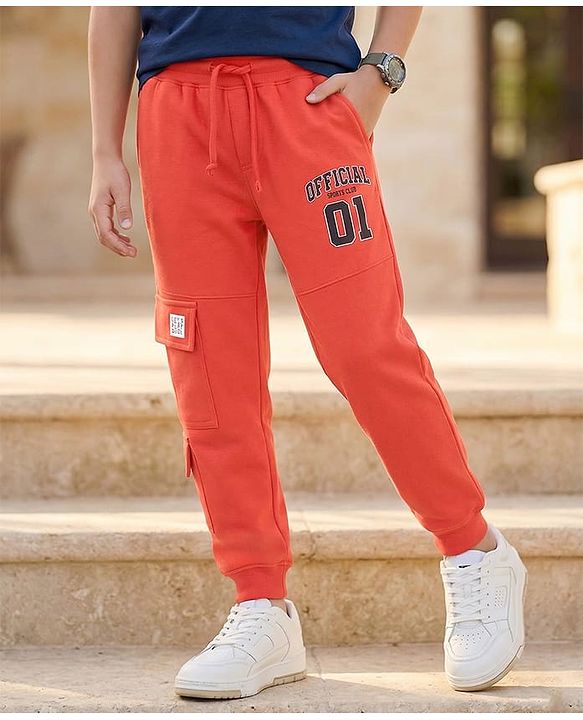 Pine Kids Knit Full Length Lounge Pant with Text Print & Cargo Pockets - Coral