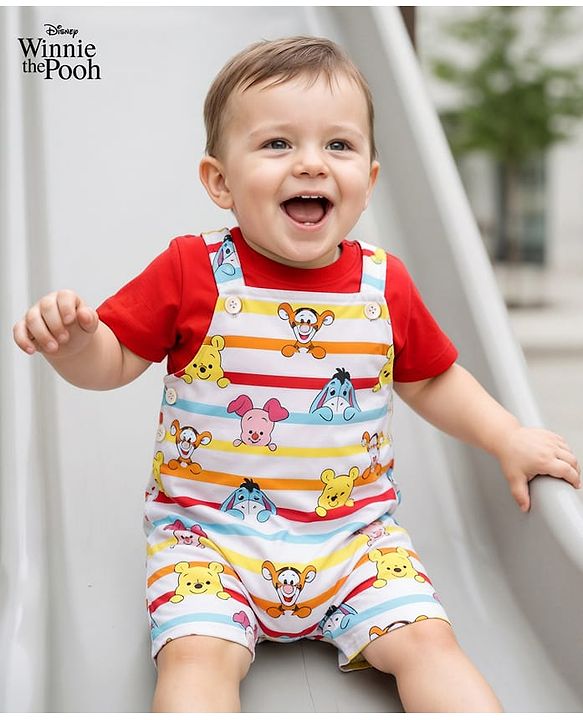 Babyhug Disney Single Jersey Knit Dungaree & Half Sleeves T-Shirt with Winnie & Friends Graphic - Red