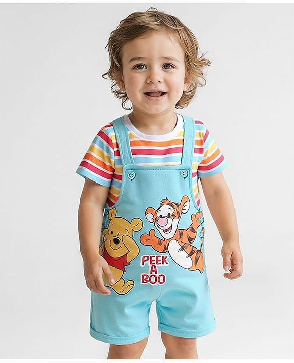 Babyhug Disney Single Jersey Knit Dungaree & Half Sleeves Striped T-Shirt with Winnie & Friends Graphic - Light Blue