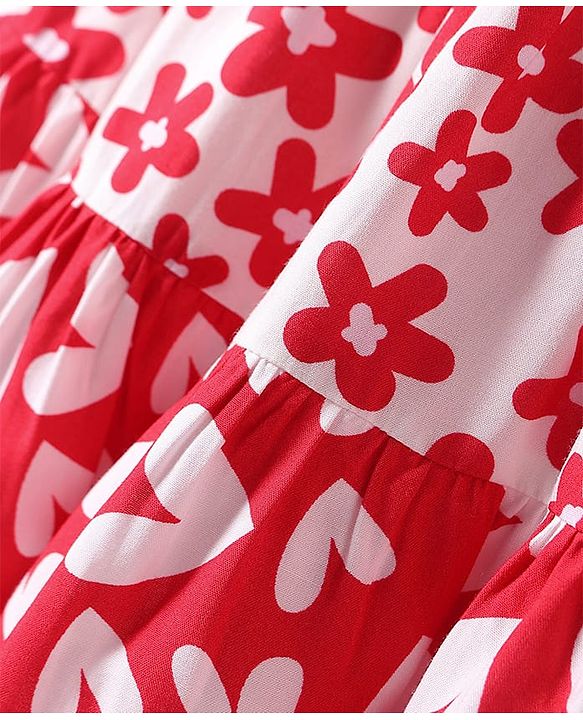 Pine Kids Rayon Woven Half Cold Shoulder Sleeves Frock with Floral Print - Red