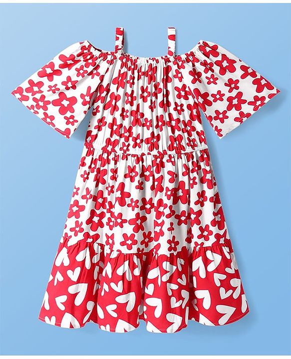 Pine Kids Rayon Woven Half Cold Shoulder Sleeves Frock with Floral Print - Red