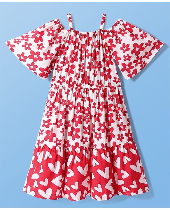 Pine Kids Rayon Woven Half Cold Shoulder Sleeves Frock with Floral Print - Red