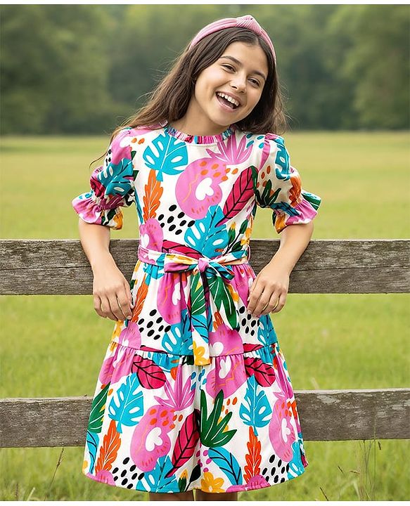 Pine Kids Rayon Woven Half Sleeves Dress With Floral & Leaf Print - White