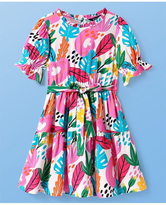 Pine Kids Rayon Woven Half Sleeves Dress With Floral & Leaf Print - White