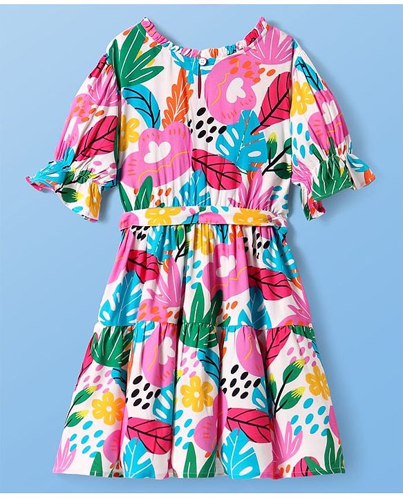 Pine Kids Rayon Woven Half Sleeves Dress With Floral & Leaf Print - White