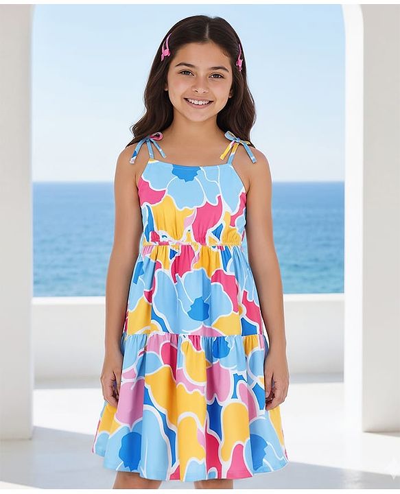 Pine Kids Rayon Woven Sleeveless Frock with Abstract Print - Light Blue