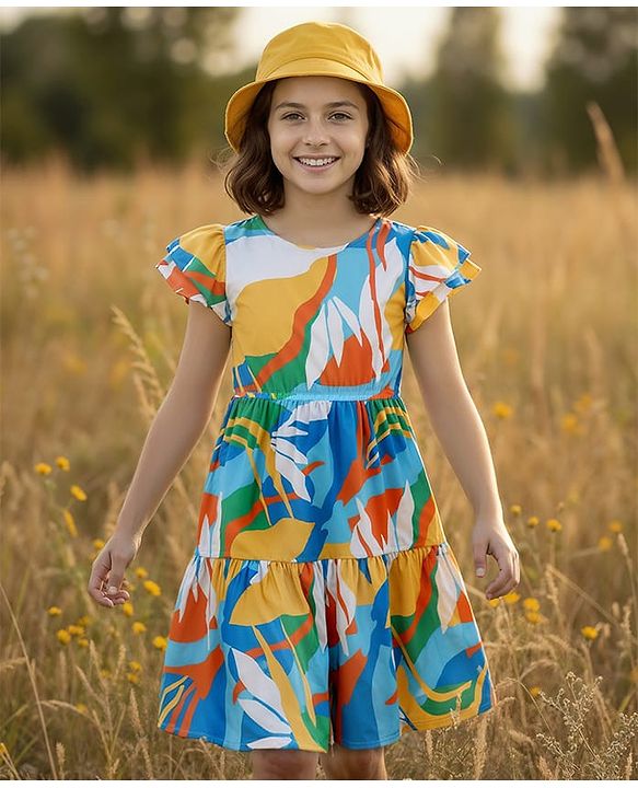 Pine Kids Rayon Woven Half Sleeves Printed Dress - Multicolor