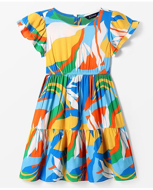 Pine Kids Rayon Woven Half Sleeves Printed Dress - Multicolor