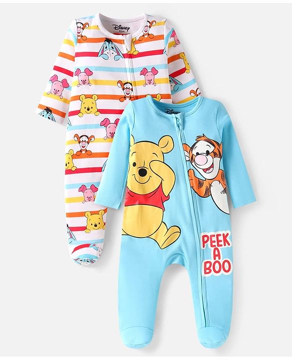 Babyhug Disney Cotton Knit Full Sleeves Footed Sleep Suits with Lady and The Tramp Graphics Pack of 2 - Light Blue & White main image 1