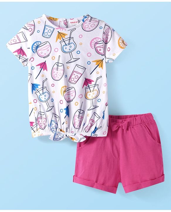 Babyhug Single Jersey Knit Half Sleeves Top & Shorts Set With Drinks Print & Bow Applique - White & Pink
