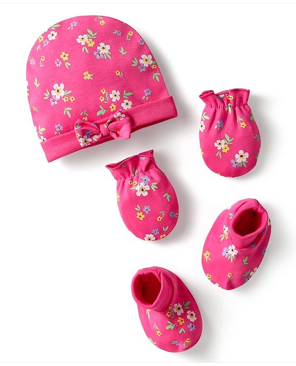 Babyhug 100% Cotton Interlock Knit Cap Mittens & Booties Set with Floral Print Dark Pink - Diameter 16 cm
