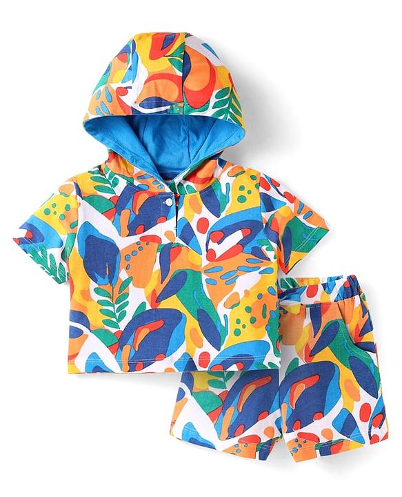 Babyhug 100% Cotton Single Jersey Knit Half Sleeves Hooded T-Shirt & Shorts Set With Tropical Print - Yellow & Blue