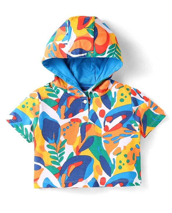 Babyhug 100% Cotton Single Jersey Knit Half Sleeves Hooded T-Shirt & Shorts Set With Tropical Print - Yellow & Blue