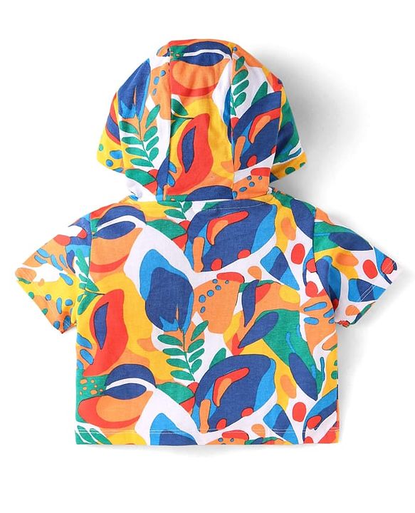 Babyhug 100% Cotton Single Jersey Knit Half Sleeves Hooded T-Shirt & Shorts Set With Tropical Print - Yellow & Blue