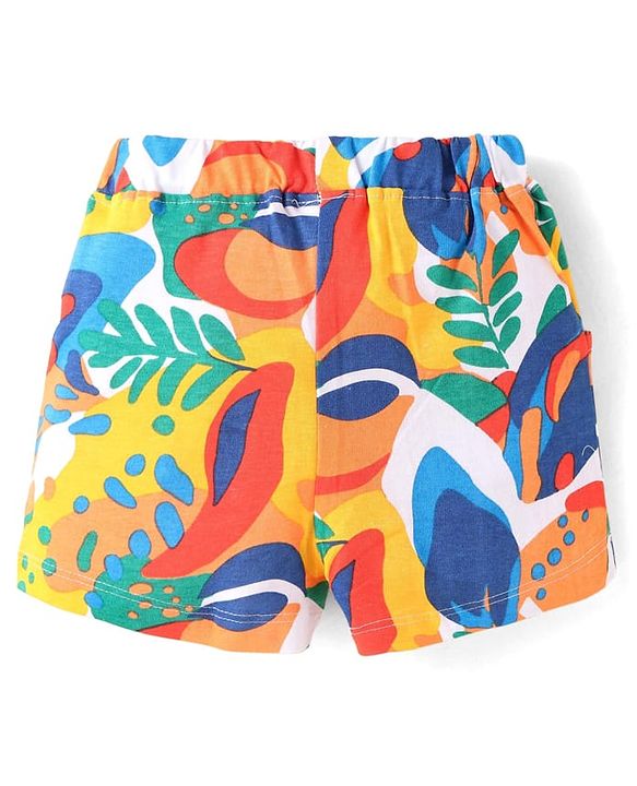 Babyhug 100% Cotton Single Jersey Knit Half Sleeves Hooded T-Shirt & Shorts Set With Tropical Print - Yellow & Blue