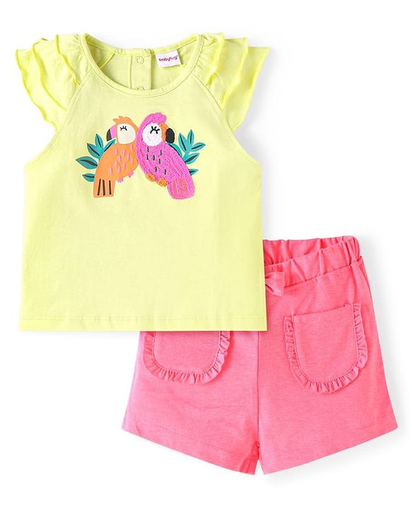 Babyhug Single Jersey Knit Sleeveless Top & Shorts Set With Parrot Print & Embroidery - Yellow & Pink