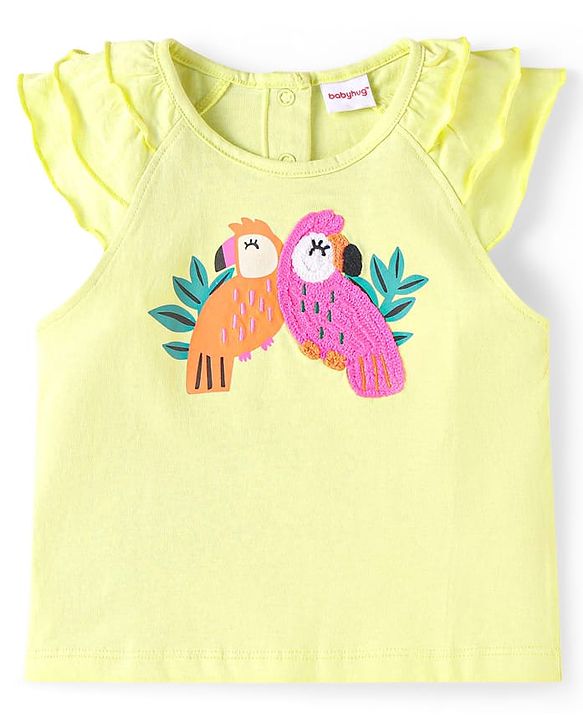 Babyhug Single Jersey Knit Sleeveless Top & Shorts Set With Parrot Print & Embroidery - Yellow & Pink