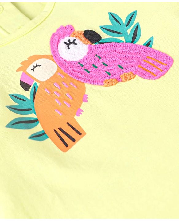 Babyhug Single Jersey Knit Sleeveless Top & Shorts Set With Parrot Print & Embroidery - Yellow & Pink