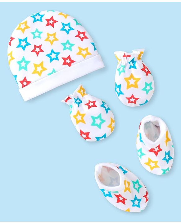 Babyhug 100% Cotton Knit Cap Mittens & Booties with Star Print - White