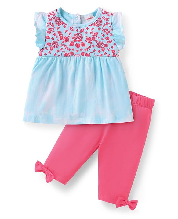 Babyhug Single Jersey Knit Frill Sleeves Floral Embroidered Top & Lounge Pant with Bow Applique - Blue & Pink