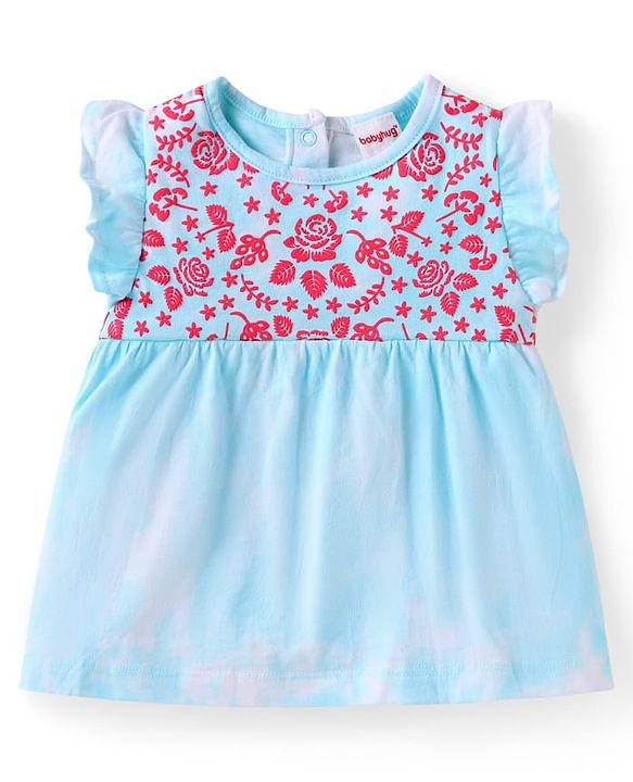 Babyhug Single Jersey Knit Frill Sleeves Floral Embroidered Top & Lounge Pant with Bow Applique - Blue & Pink