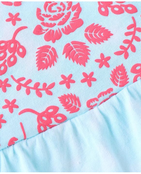 Babyhug Single Jersey Knit Frill Sleeves Floral Embroidered Top & Lounge Pant with Bow Applique - Blue & Pink