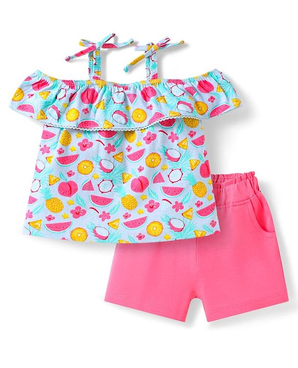 Babyhug Single Jersey Knit Cold Shoulder Sleeves Top & Shorts Set with Fruits & Floral Print - Dark Pink & Light Blue