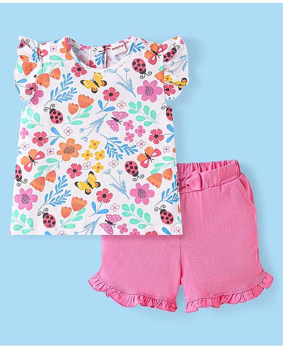 Babyhug Single Jersey Knit Frill Sleeves Top & Shorts Set With Floral Print & Bow Applique - White & Pink