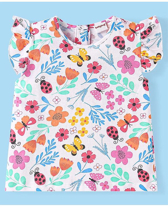 Babyhug Single Jersey Knit Frill Sleeves Top & Shorts Set With Floral Print & Bow Applique - White & Pink