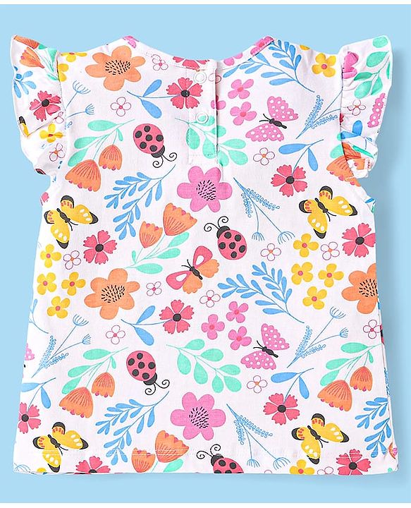 Babyhug Single Jersey Knit Frill Sleeves Top & Shorts Set With Floral Print & Bow Applique - White & Pink