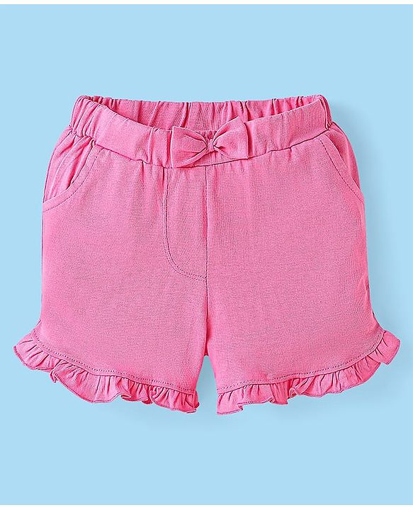 Babyhug Single Jersey Knit Frill Sleeves Top & Shorts Set With Floral Print & Bow Applique - White & Pink