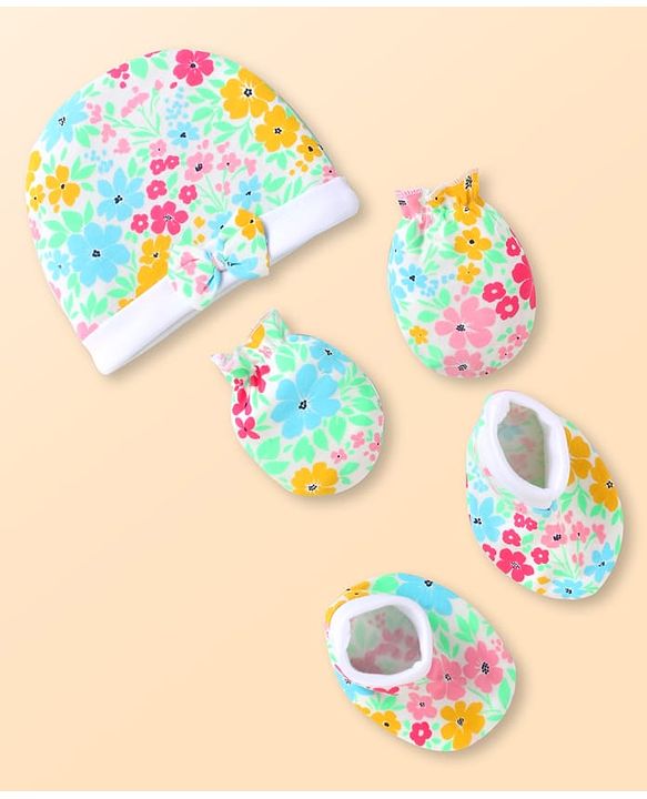 Babyhug 100% Cotton Knit Cap Mittens & Booties with Floral Print - Sky Blue