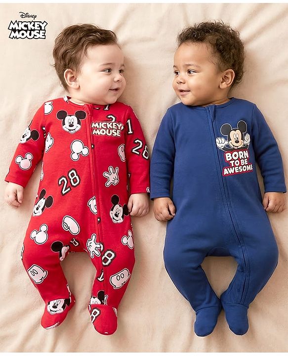 Babyoye Disney Interlock Knit Full Sleeves Footed Sleep Suits With Mickey Mouse Print Pack Of 2 - Navy Blue & Red