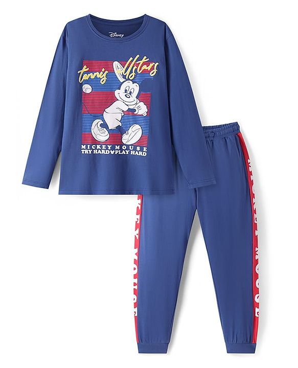 Pine Kids Disney Single Jersey Knit Full Sleeves Night Suit with Mickey Mouse Graphics - Navy Blue