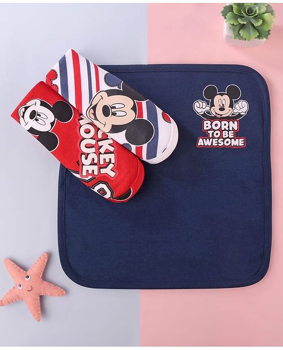 Babyhug Disney Interlock Knit Wash Clothes with Mickey Mouse Graphics Pack of 3 - Navy Blue Red & White