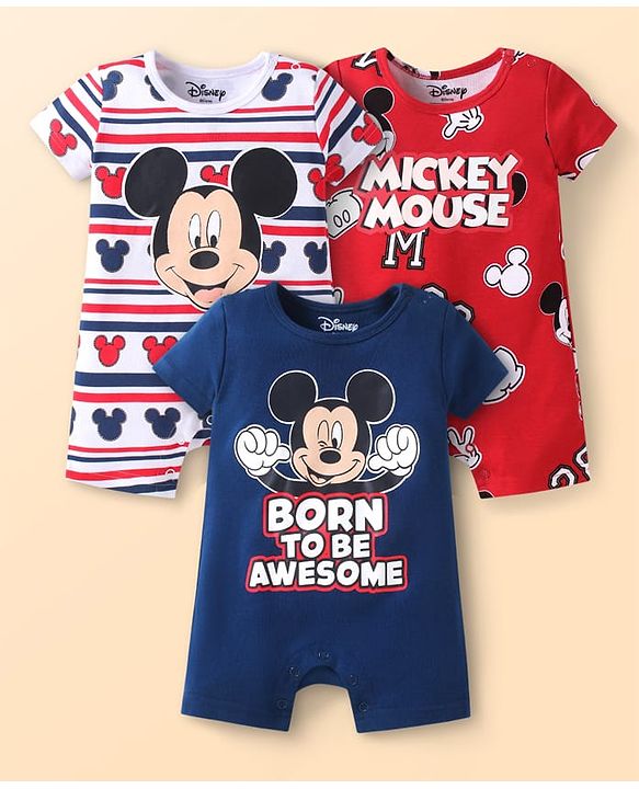 Babyhug Disney Interlock Knit Half Sleeves Rompers with Mickey Mouse Graphics & Stripes Pack of 3 - Navy Blue White & Red