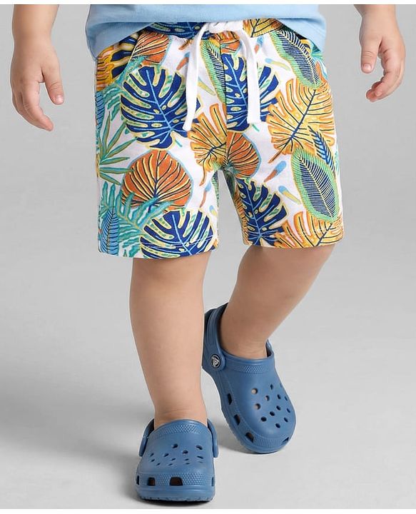 Babyhug Terry Knit Mid Thigh Shorts with Tropical Theme Print - White