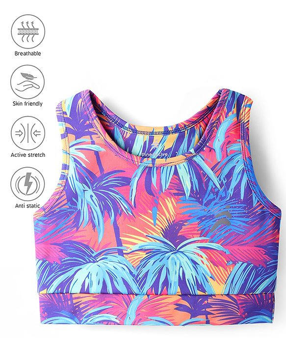 Pine Active Knit Sleeveless Sports Bra with Coconut Tree Print - Multicolor
