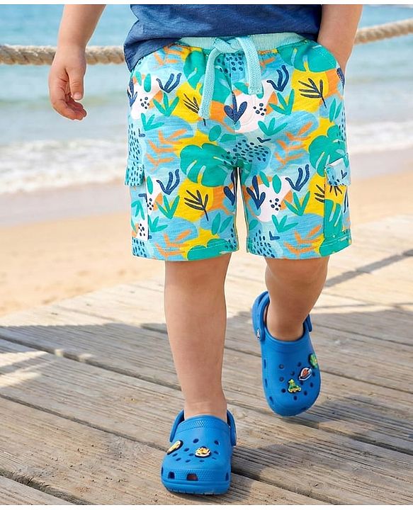 Babyhug Terry Knit Mid Thigh Length Shorts with Tropical Theme Print - Aqua Blue