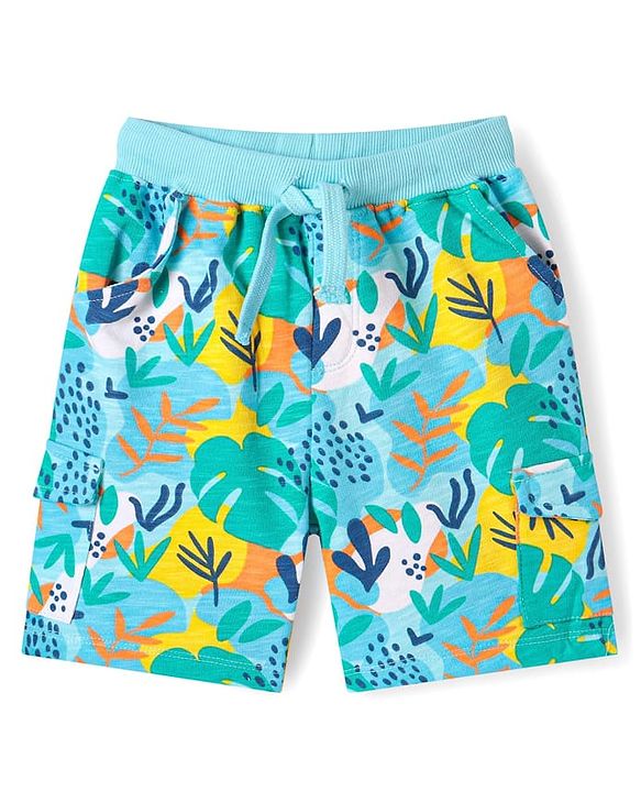 Babyhug Terry Knit Mid Thigh Length Shorts with Tropical Theme Print - Aqua Blue