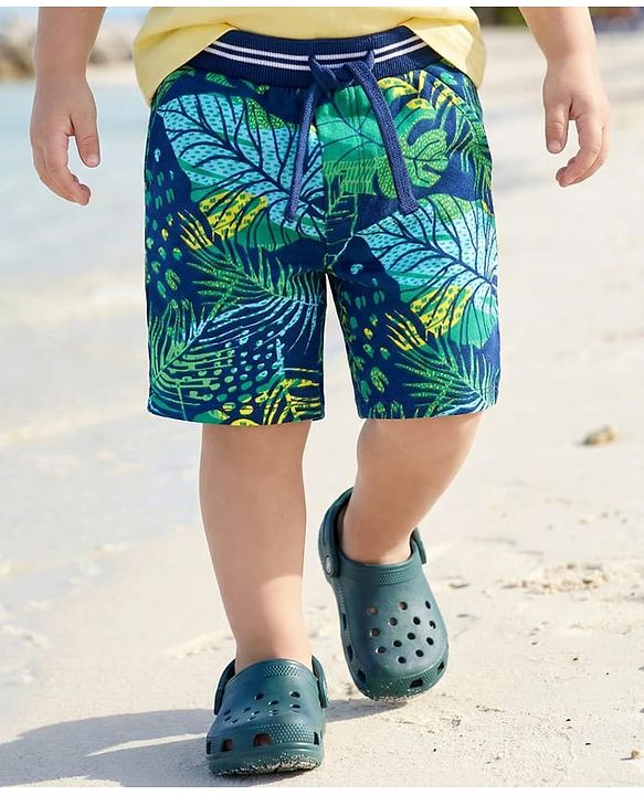 Babyhug Terry Knit Mid Thigh Shorts with Tropical Theme Print - Navy Blue