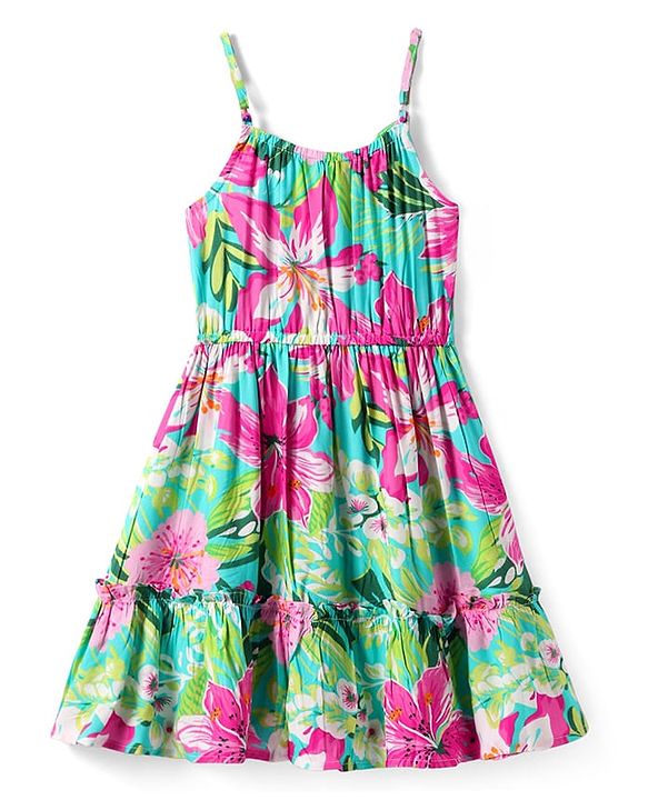 Pine Kids Rayon Woven Singlet Sleeves Tiered Frock with Floral Print - Green & Dark Pink