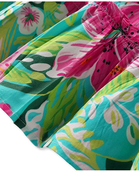 Pine Kids Rayon Woven Singlet Sleeves Tiered Frock with Floral Print - Green & Dark Pink