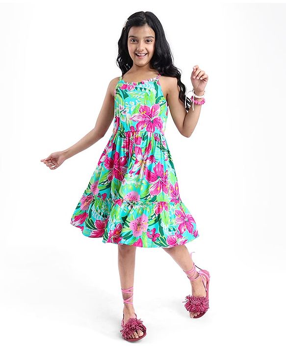 Pine Kids Rayon Woven Singlet Sleeves Tiered Frock with Floral Print - Green & Dark Pink