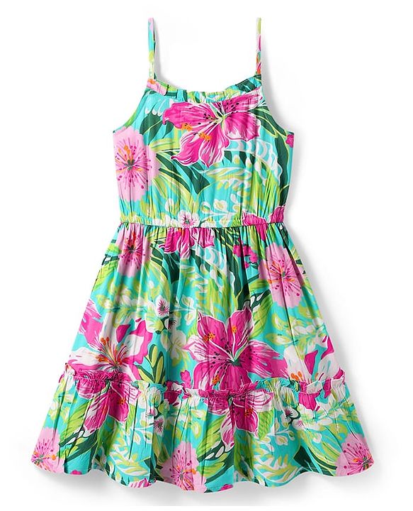 Pine Kids Rayon Woven Singlet Sleeves Tiered Frock with Floral Print - Green & Dark Pink