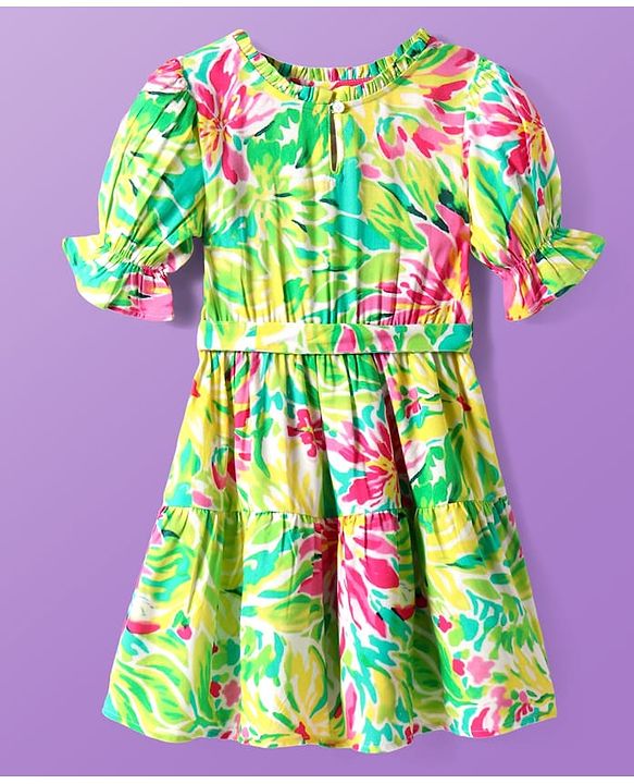 Pine Kids Rayon Woven Half Sleeves Dress With Floral Print - Light Green